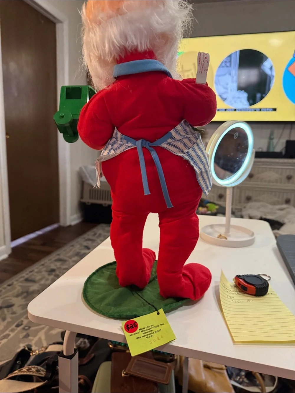 Annalee Red Santa Doll with Blue-Striped Apron and Green Toy Train